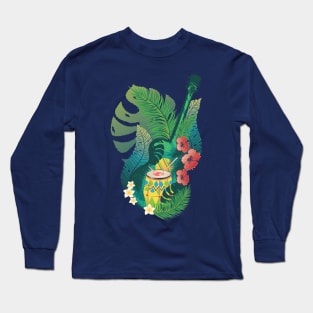 Retro guitar with drum and tropical leaves Long Sleeve T-Shirt